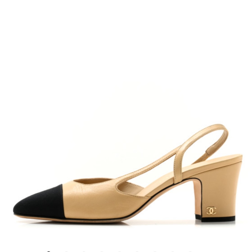 CHANEL Tan and Black Slingback Heels with Cap-Toe/ smaller heel!